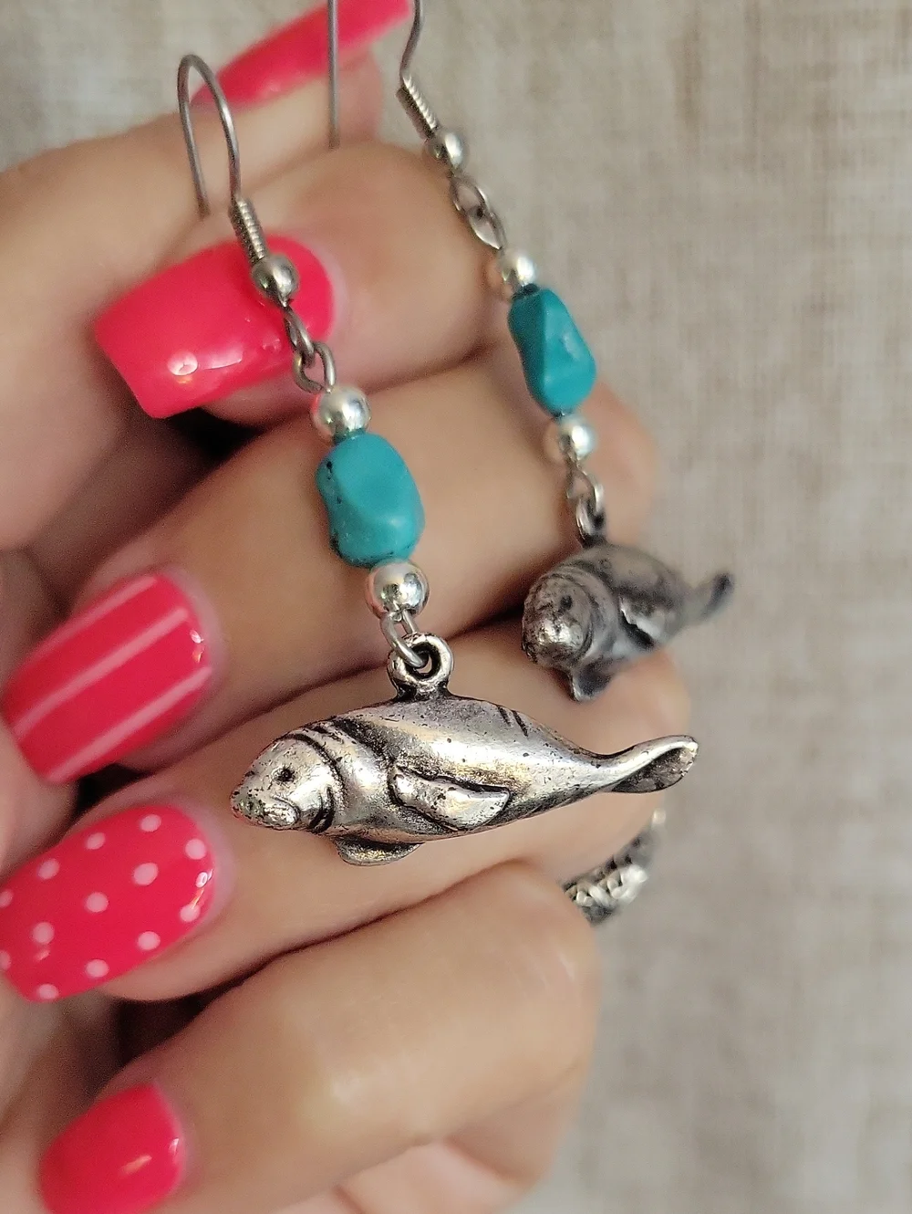 Vintage Manatee Dangle Earrings with Turquoise Howlite Beads
